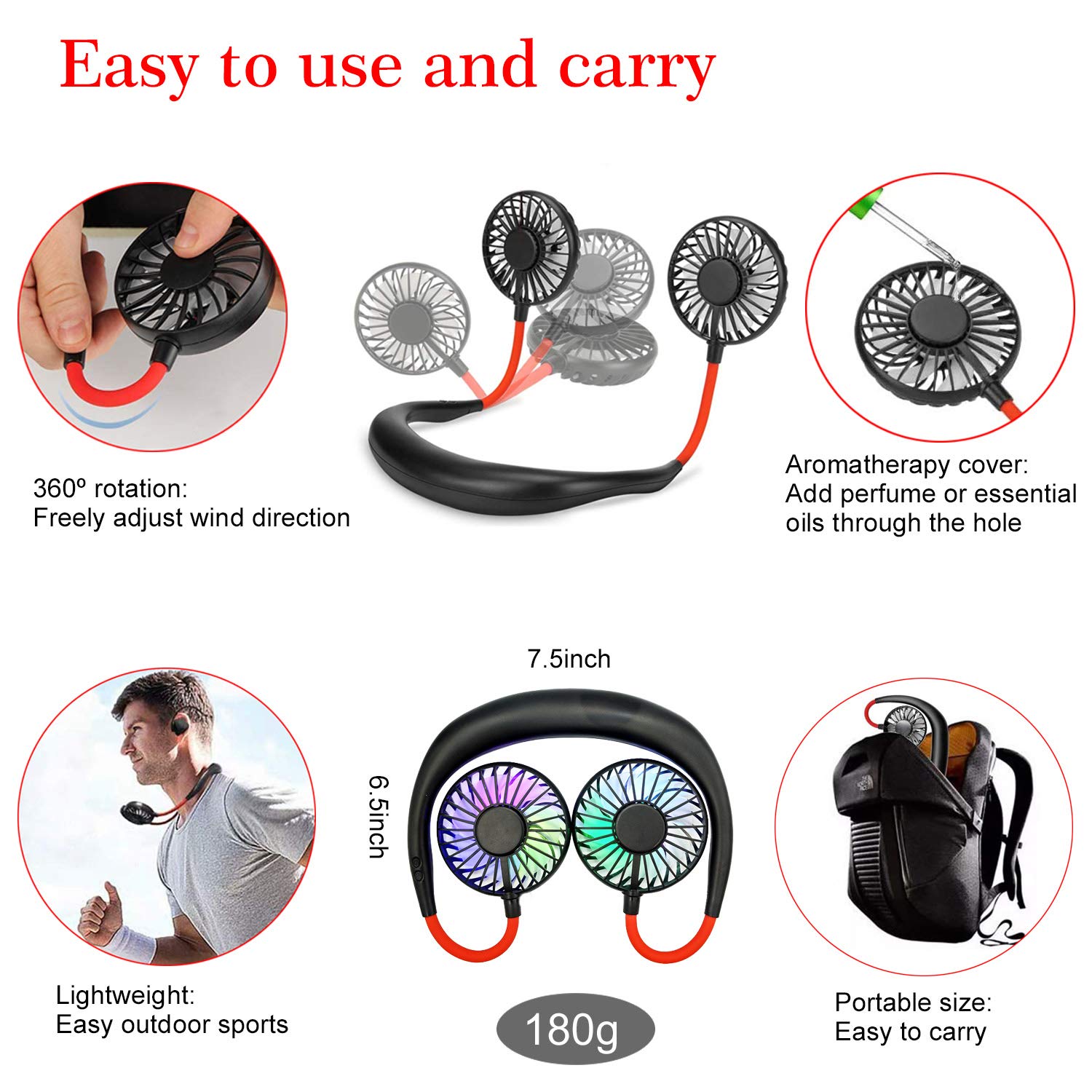 Hand Free Neck Fan, Rechargeable Mini USB Personal Fan, Headphone Design Wearable Neckband Fan with 360 Rotation